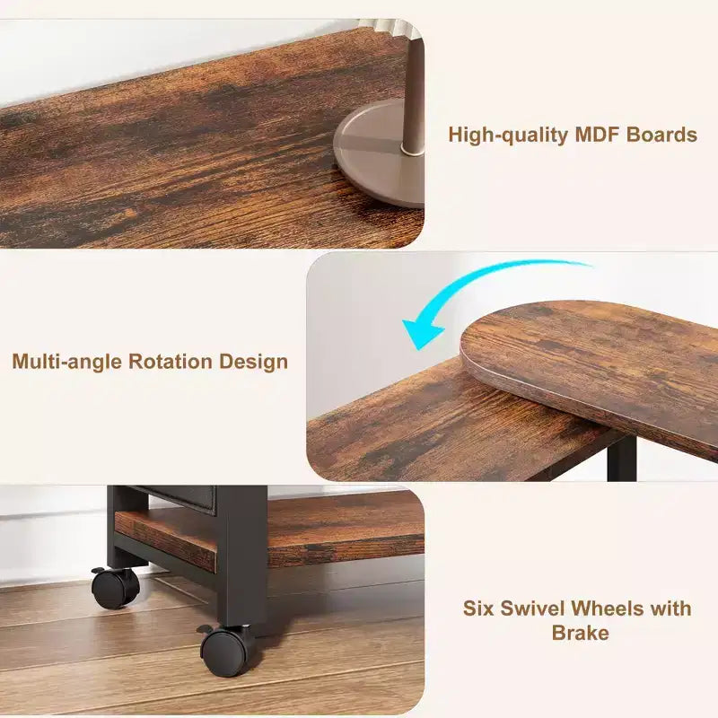 Tavolino Rotante con Stazione di Ricarica, Tavolino Girevole con 6 Ruote Bloccabili, Carrello Portaoggetti a 3 Livelli per Soggiorno Camera da Letto