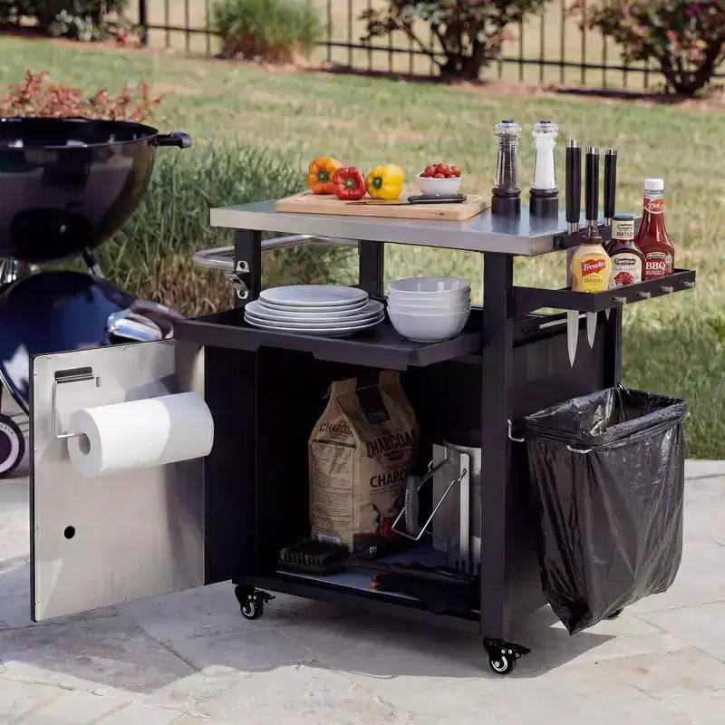 JVNOXK 39.5 carrello grill da esterno con mobiletto, tavolo BBQ con piano in acciaio inox e ruote, porta spezie e rotoli di carta, copertura impermeabile inclusa