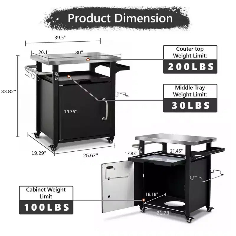 JVNOXK 39.5 carrello grill da esterno con mobiletto, tavolo BBQ con piano in acciaio inox e ruote, porta spezie e rotoli di carta, copertura impermeabile inclusa