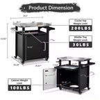 JVNOXK 39.5 carrello grill da esterno con mobiletto, tavolo BBQ con piano in acciaio inox e ruote, porta spezie e rotoli di carta, copertura impermeabile inclusa