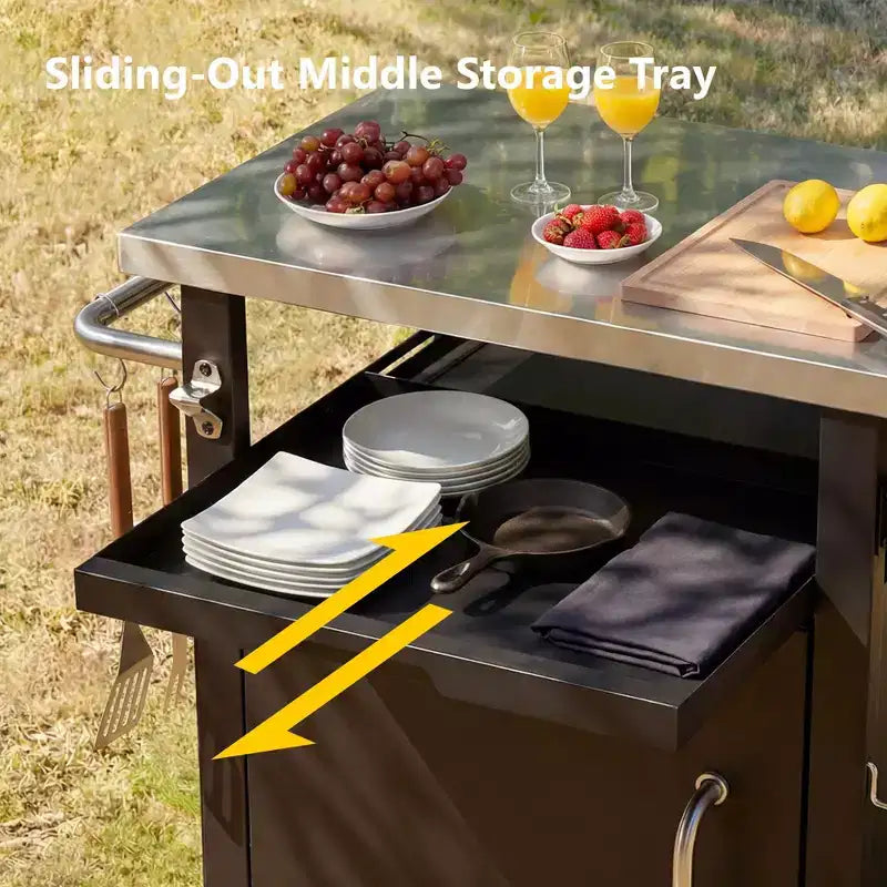 JVNOXK 39.5 carrello grill da esterno con mobiletto, tavolo BBQ con piano in acciaio inox e ruote, porta spezie e rotoli di carta, copertura impermeabile inclusa
