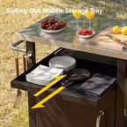 JVNOXK 39.5 carrello grill da esterno con mobiletto, tavolo BBQ con piano in acciaio inox e ruote, porta spezie e rotoli di carta, copertura impermeabile inclusa