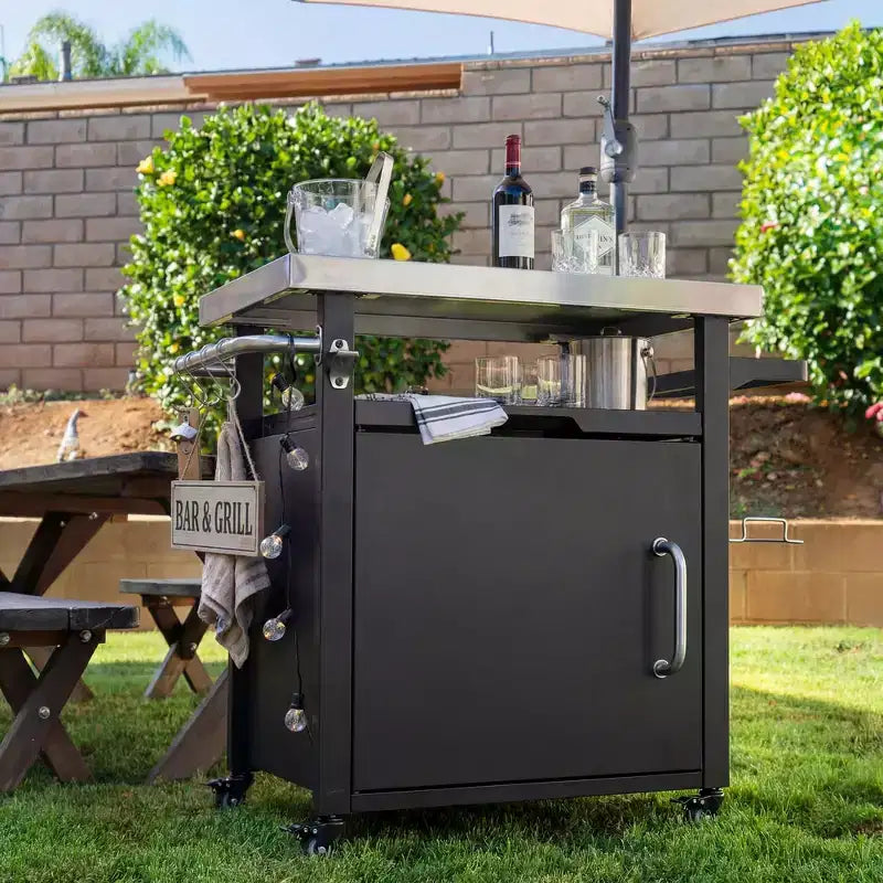 JVNOXK 39.5 carrello grill da esterno con mobiletto, tavolo BBQ con piano in acciaio inox e ruote, porta spezie e rotoli di carta, copertura impermeabile inclusa