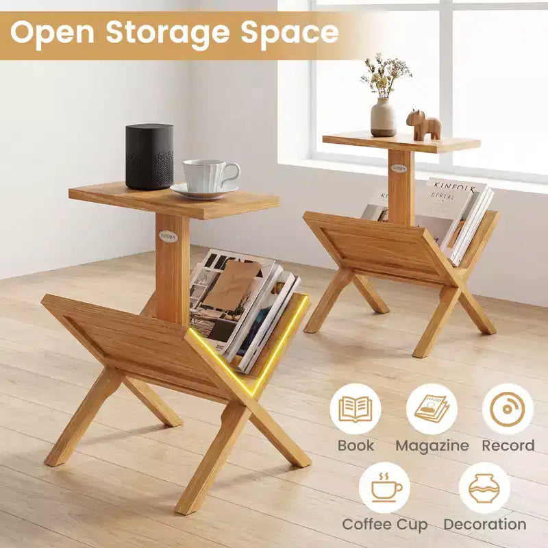 Costway Scaffale a 2 Ripiani Piccolo Libreria con Struttura in Legno di Teak e Tappetini Antiscivolo
