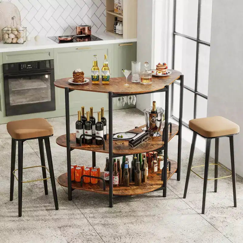 Costway Mobile Bar a 3 Livelli con Portabicchieri e Ripiani in Metallo Marrone/Nero