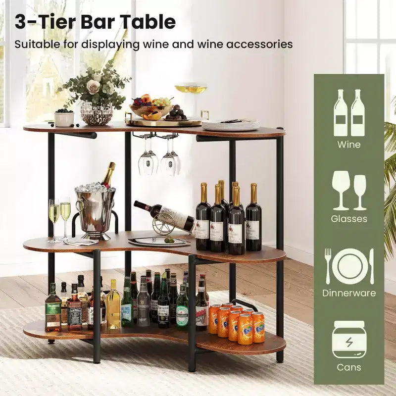 Costway Mobile Bar a 3 Livelli con Portabicchieri e Ripiani in Metallo Marrone/Nero