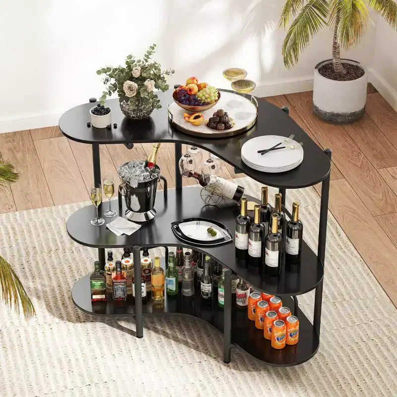 Costway Mobile Bar a 3 Livelli con Portabicchieri e Ripiani in Metallo Marrone/Nero