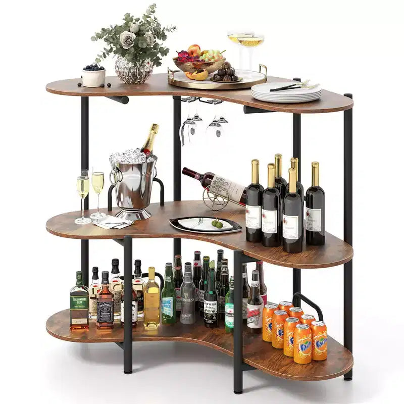 Costway Mobile Bar a 3 Livelli con Portabicchieri e Ripiani in Metallo Marrone/Nero