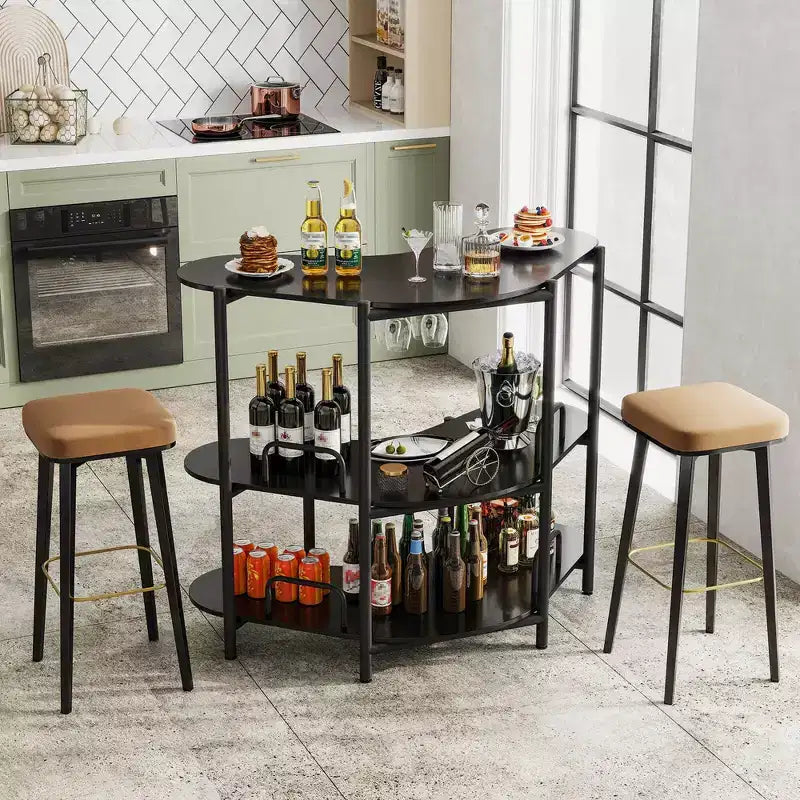 Costway Mobile Bar a 3 Livelli con Portabicchieri e Ripiani in Metallo Marrone/Nero