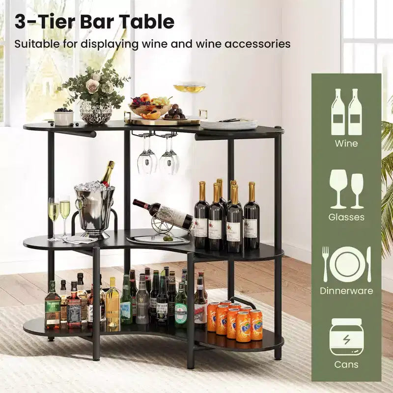 Costway Mobile Bar a 3 Livelli con Portabicchieri e Ripiani in Metallo Marrone/Nero
