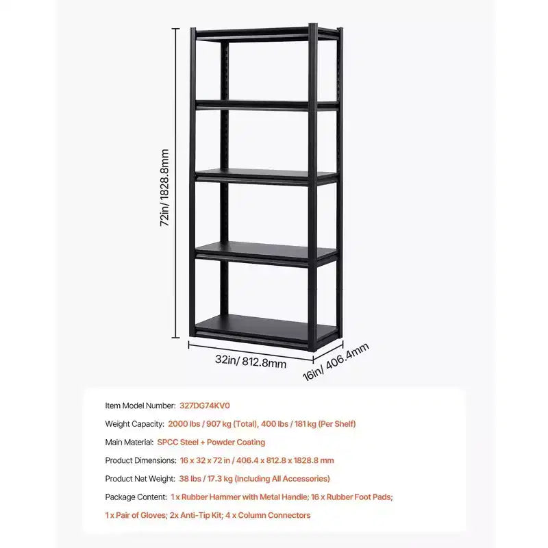 Scaffali portaoggetti 16 P x 32 L x 72 H a 5 ripiani Scaffalatura da garage resistente portatile