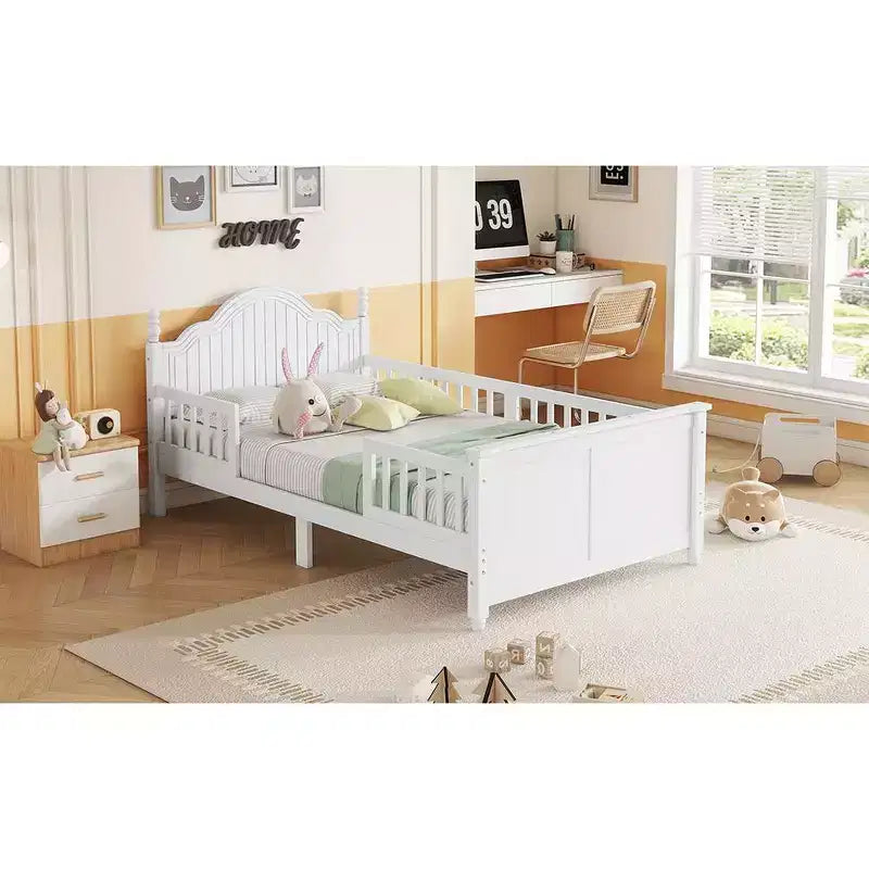 Letto a piattaforma in legno per bambini con testiera e pediera, misura doppia, bianco