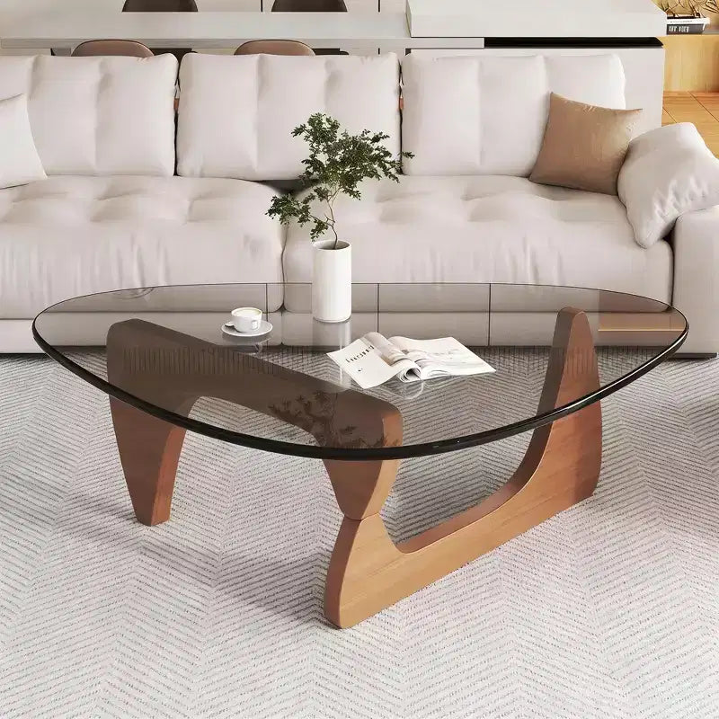 Tavolino da Caffè Moderno in Vetro, 90,9 x 65 x 39,9 cm, Stile Mid-Century, Design Elegante, Adatto per Camera da Letto, Soggiorno, Reception, Ufficio, Noce