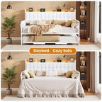 Divano Letto con Rotelle e Stazione di Ricarica, Struttura Imbottita con Testiera Contenitore e Luce LED, 195 cm L x 116 cm L