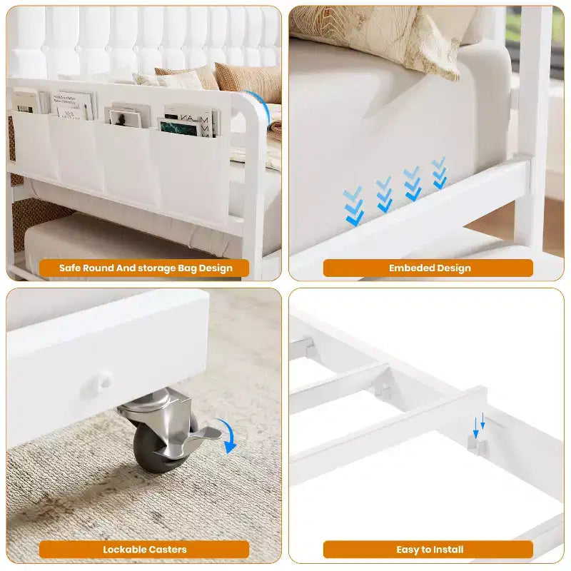 Divano Letto con Rotelle e Stazione di Ricarica, Struttura Imbottita con Testiera Contenitore e Luce LED, 195 cm L x 116 cm L
