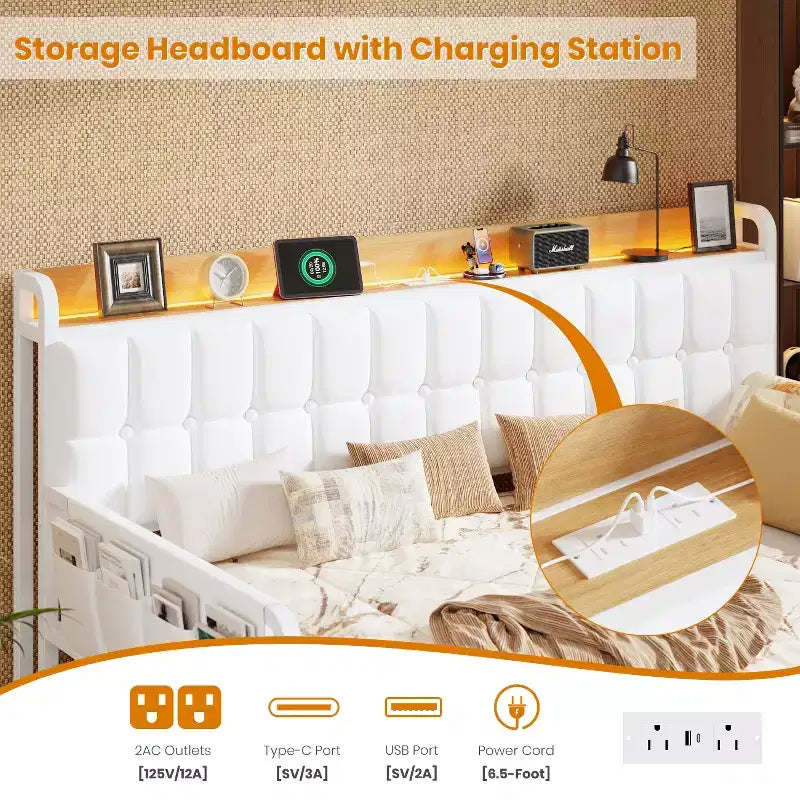 Divano Letto con Rotelle e Stazione di Ricarica, Struttura Imbottita con Testiera Contenitore e Luce LED, 195 cm L x 116 cm L