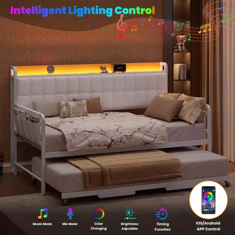 Divano Letto con Rotelle e Stazione di Ricarica, Struttura Imbottita con Testiera Contenitore e Luce LED, 195 cm L x 116 cm L