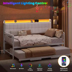 Divano Letto con Rotelle e Stazione di Ricarica, Struttura Imbottita con Testiera Contenitore e Luce LED, 195 cm L x 116 cm L