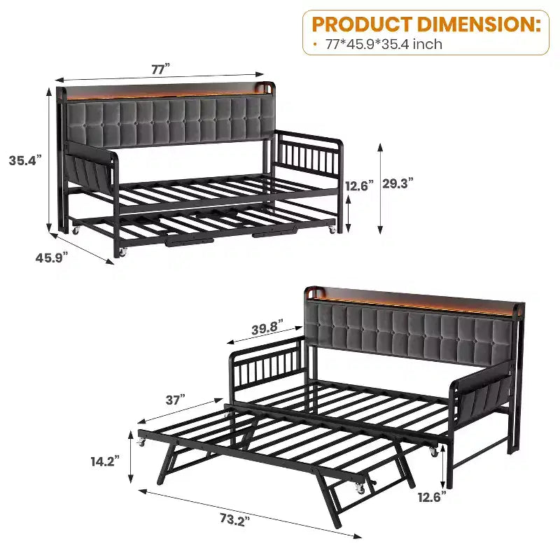 Divano Letto con Rotelle e Stazione di Ricarica, Struttura Imbottita con Testiera Contenitore e Luce LED, 195 cm L x 116 cm L