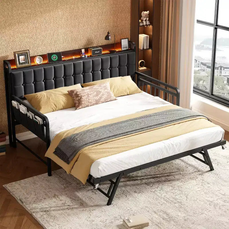 Divano Letto con Rotelle e Stazione di Ricarica, Struttura Imbottita con Testiera Contenitore e Luce LED, 195 cm L x 116 cm L