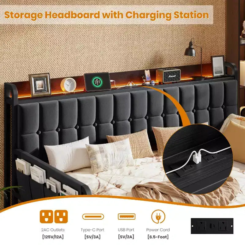 Divano Letto con Rotelle e Stazione di Ricarica, Struttura Imbottita con Testiera Contenitore e Luce LED, 195 cm L x 116 cm L