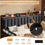 Divano Letto con Rotelle e Stazione di Ricarica, Struttura Imbottita con Testiera Contenitore e Luce LED, 195 cm L x 116 cm L