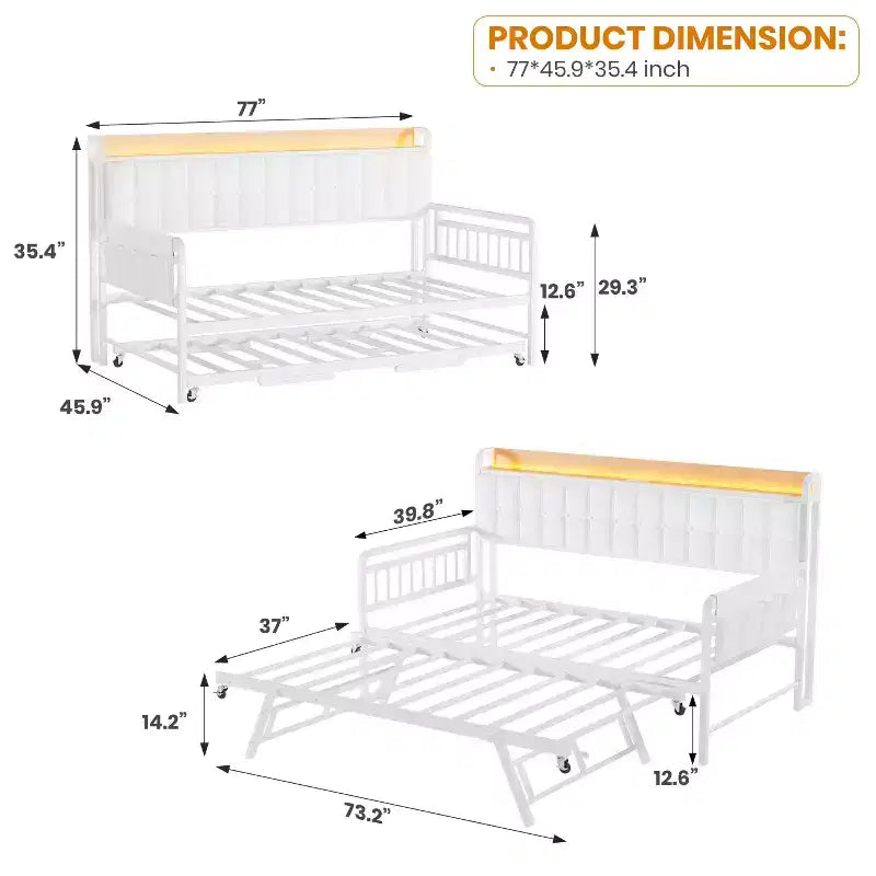 Divano Letto con Rotelle e Stazione di Ricarica, Struttura Imbottita con Testiera Contenitore e Luce LED, 195 cm L x 116 cm L