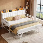 Divano Letto con Rotelle e Stazione di Ricarica, Struttura Imbottita con Testiera Contenitore e Luce LED, 195 cm L x 116 cm L