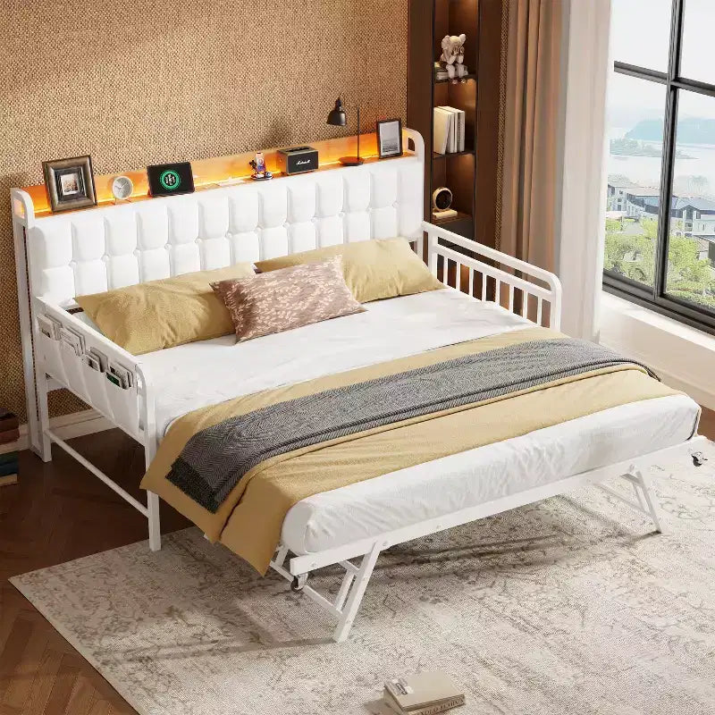 Divano Letto con Rotelle e Stazione di Ricarica, Struttura Imbottita con Testiera Contenitore e Luce LED, 195 cm L x 116 cm L