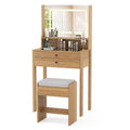 Costway Small Vanity Desk Makeup Table & Padded Stool Set w/ Charging Station Natural