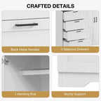 Armadio basso 43.3 con asta appendiabiti e 4 cassetti, mobile a 2 ante in legno con organizer per camera da letto