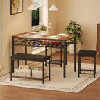 Set da Pranzo Salvaspazio da 4 Pezzi per 4 Persone, Design in Legno e Metallo, Include Panca Imbottita, 2 Sgabelli, Scaffale Portaoggetti, per Piccoli Appartamenti, Colazione