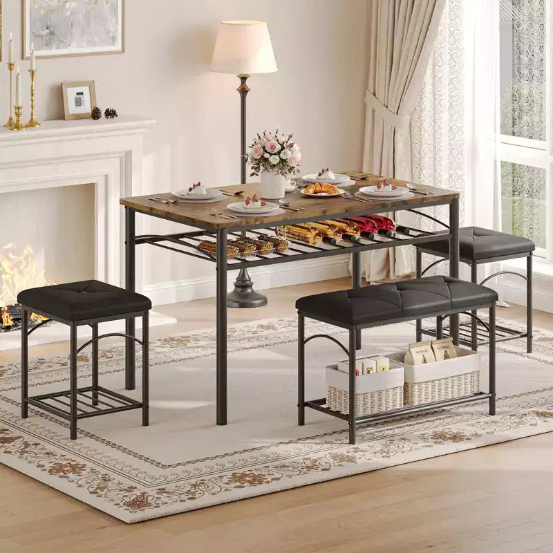 Set da Pranzo Salvaspazio da 4 Pezzi per 4 Persone, Design in Legno e Metallo, Include Panca Imbottita, 2 Sgabelli, Scaffale Portaoggetti, per Piccoli Appartamenti, Colazione