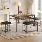 Set da Pranzo Salvaspazio da 4 Pezzi per 4 Persone, Design in Legno e Metallo, Include Panca Imbottita, 2 Sgabelli, Scaffale Portaoggetti, per Piccoli Appartamenti, Colazione