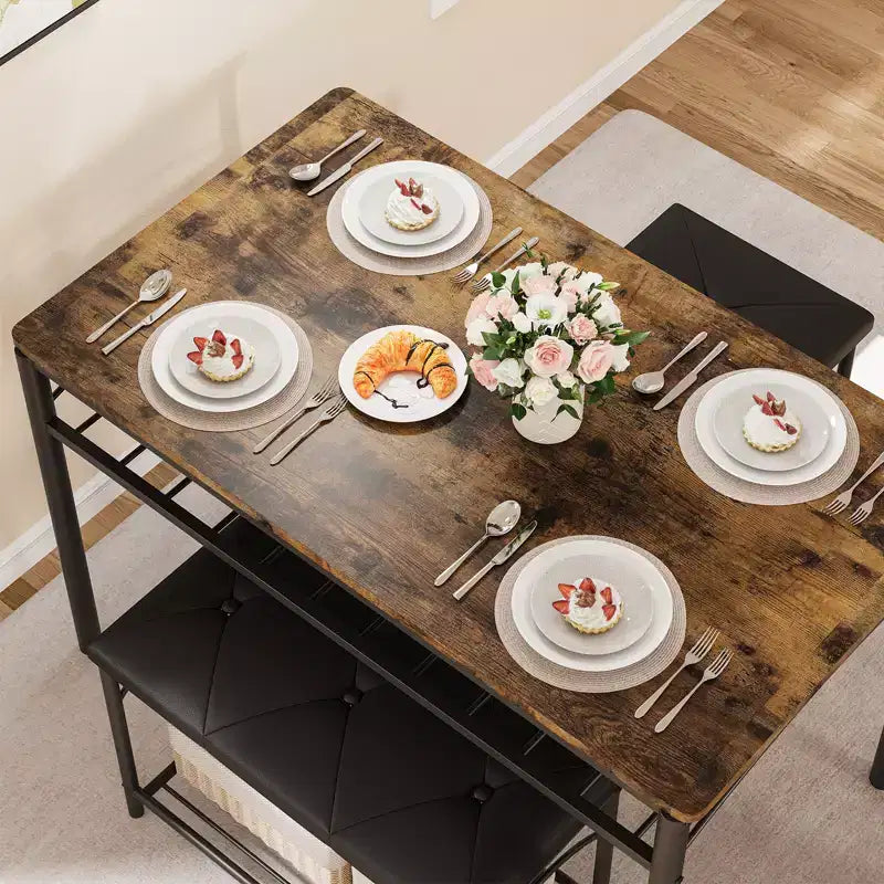 Set da Pranzo Salvaspazio da 4 Pezzi per 4 Persone, Design in Legno e Metallo, Include Panca Imbottita, 2 Sgabelli, Scaffale Portaoggetti, per Piccoli Appartamenti, Colazione