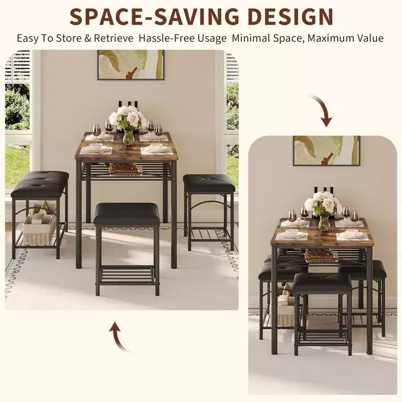 Set da Pranzo Salvaspazio da 4 Pezzi per 4 Persone, Design in Legno e Metallo, Include Panca Imbottita, 2 Sgabelli, Scaffale Portaoggetti, per Piccoli Appartamenti, Colazione