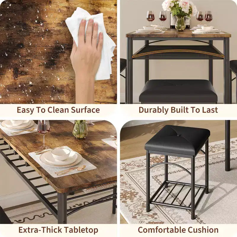 Set da Pranzo Salvaspazio da 4 Pezzi per 4 Persone, Design in Legno e Metallo, Include Panca Imbottita, 2 Sgabelli, Scaffale Portaoggetti, per Piccoli Appartamenti, Colazione