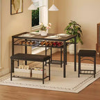 Set da Pranzo Salvaspazio da 4 Pezzi per 4 Persone, Design in Legno e Metallo, Include Panca Imbottita, 2 Sgabelli, Scaffale Portaoggetti, per Piccoli Appartamenti, Colazione