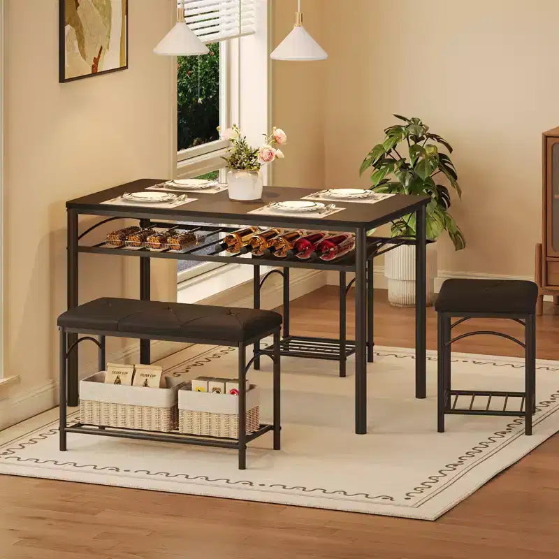 Set da Pranzo Salvaspazio da 4 Pezzi per 4 Persone, Design in Legno e Metallo, Include Panca Imbottita, 2 Sgabelli, Scaffale Portaoggetti, per Piccoli Appartamenti, Colazione