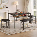 Set da Pranzo Salvaspazio da 4 Pezzi per 4 Persone, Design in Legno e Metallo, Include Panca Imbottita, 2 Sgabelli, Scaffale Portaoggetti, per Piccoli Appartamenti, Colazione