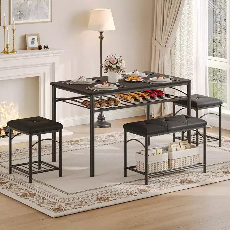 Set da Pranzo Salvaspazio da 4 Pezzi per 4 Persone, Design in Legno e Metallo, Include Panca Imbottita, 2 Sgabelli, Scaffale Portaoggetti, per Piccoli Appartamenti, Colazione