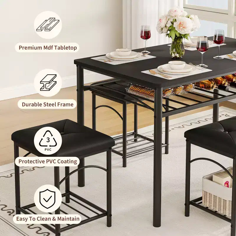 Set da Pranzo Salvaspazio da 4 Pezzi per 4 Persone, Design in Legno e Metallo, Include Panca Imbottita, 2 Sgabelli, Scaffale Portaoggetti, per Piccoli Appartamenti, Colazione