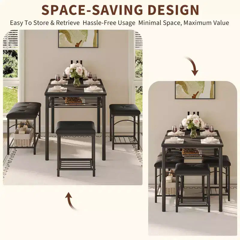 Set da Pranzo Salvaspazio da 4 Pezzi per 4 Persone, Design in Legno e Metallo, Include Panca Imbottita, 2 Sgabelli, Scaffale Portaoggetti, per Piccoli Appartamenti, Colazione