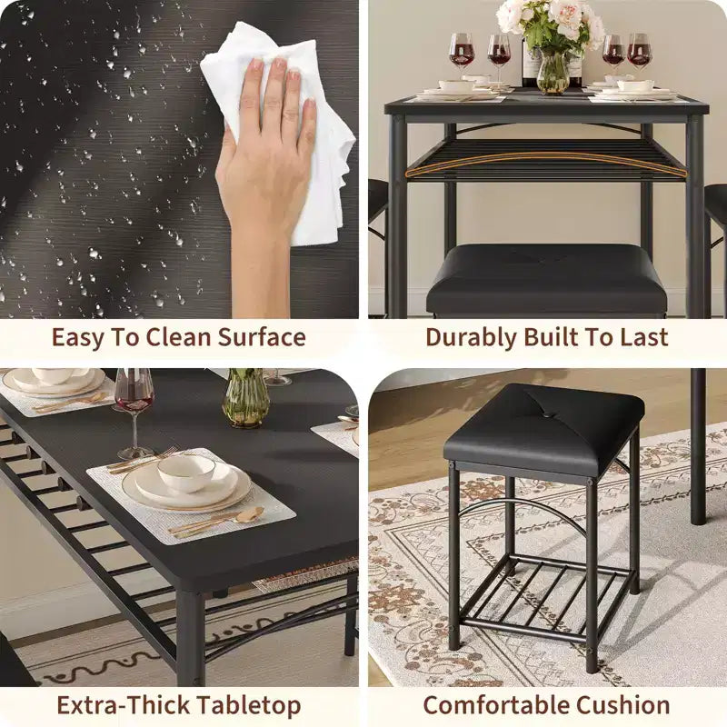 Set da Pranzo Salvaspazio da 4 Pezzi per 4 Persone, Design in Legno e Metallo, Include Panca Imbottita, 2 Sgabelli, Scaffale Portaoggetti, per Piccoli Appartamenti, Colazione