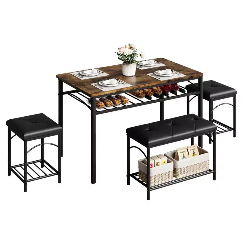 Set da Pranzo Salvaspazio da 4 Pezzi per 4 Persone, Design in Legno e Metallo, Include Panca Imbottita, 2 Sgabelli, Scaffale Portaoggetti, per Piccoli Appartamenti, Colazione