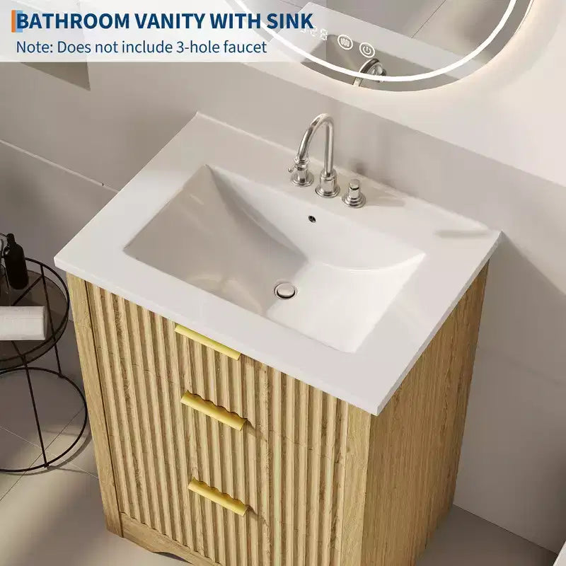 Mobile lavabo bagno moderno scanalato freestanding con lavello - Mobile contenitore a 2 cassetti con cassetto a ribalta - Set in finitura legno contemporaneo