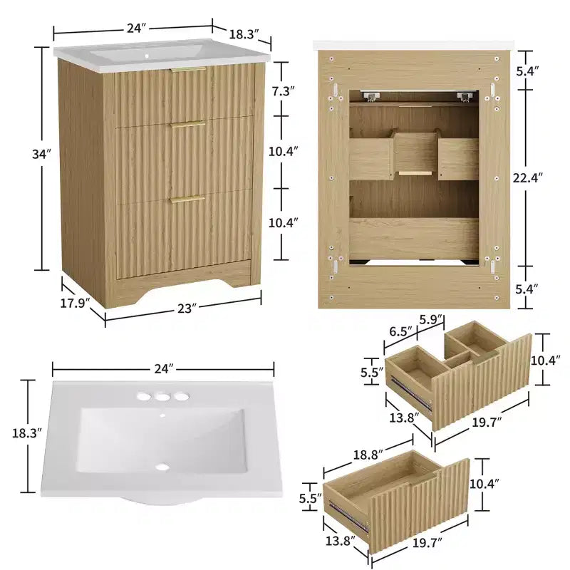 Mobile lavabo bagno moderno scanalato freestanding con lavello - Mobile contenitore a 2 cassetti con cassetto a ribalta - Set in finitura legno contemporaneo