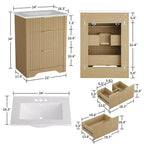 Mobile lavabo bagno moderno scanalato freestanding con lavello - Mobile contenitore a 2 cassetti con cassetto a ribalta - Set in finitura legno contemporaneo