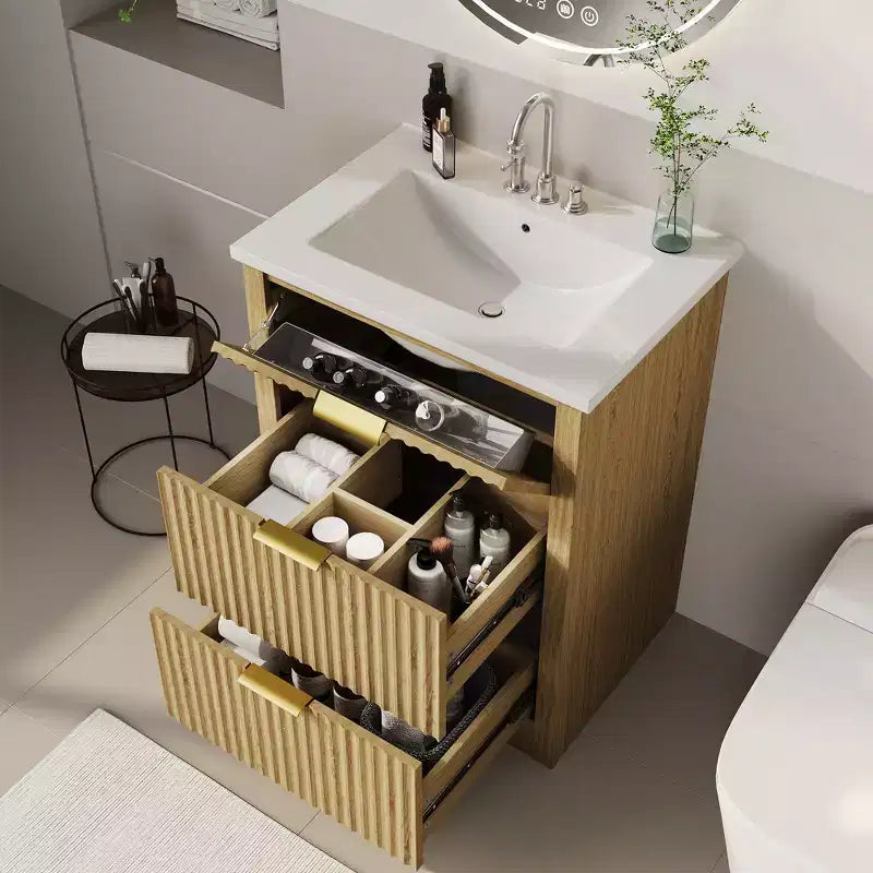 Mobile lavabo bagno moderno scanalato freestanding con lavello - Mobile contenitore a 2 cassetti con cassetto a ribalta - Set in finitura legno contemporaneo