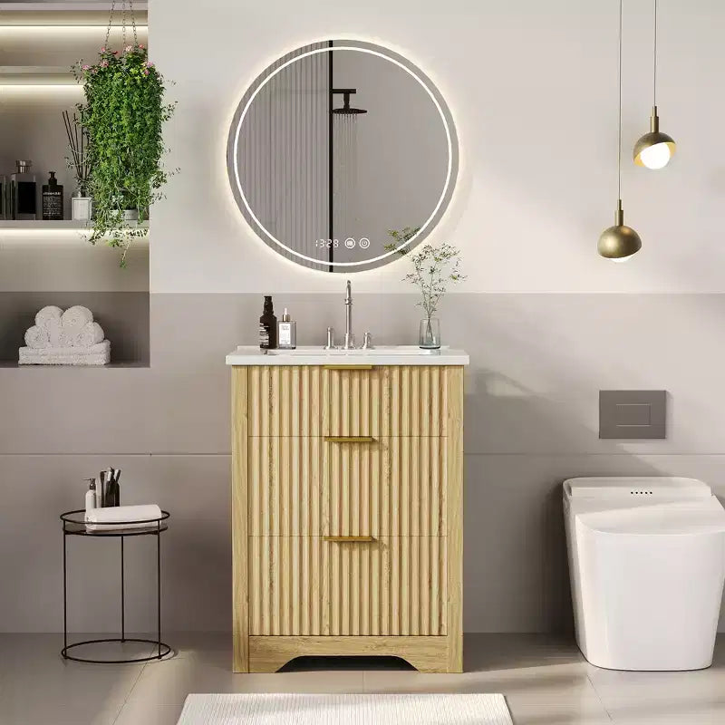 Mobile lavabo bagno moderno scanalato freestanding con lavello - Mobile contenitore a 2 cassetti con cassetto a ribalta - Set in finitura legno contemporaneo